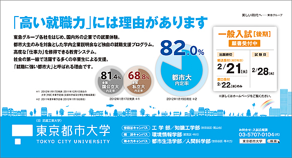 東京都市大学　2012年2月　窓上ポスター　「高い就職力」には理由があります／一般入試（後期）のご案内　